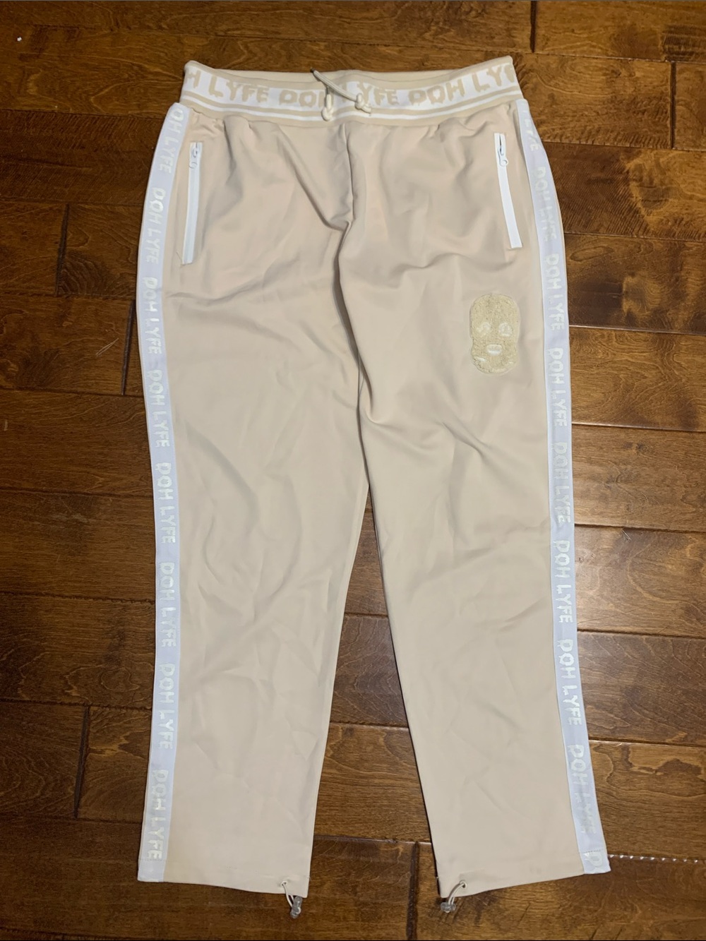Doh Lyfe Men's Cream Track Joggers with Side Tape and Embroidered Skull